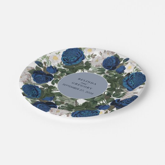 Moderne Blauwe Bloemige Waterverf Elegante Trouw  Papieren Bordje (Gekanteld)