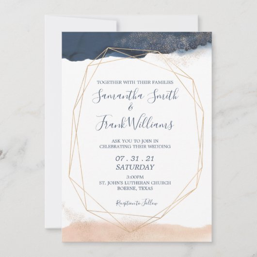 Moderne Blauwe Blush Gouden Geometrisch Kaart (Voorkant)
