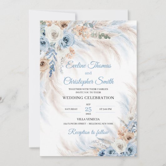 Moderne blauwe boho bloemen rozen pampas tropical kaart (Voorkant)