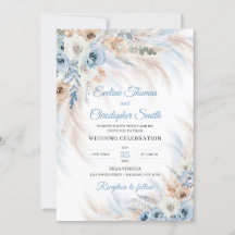 Moderne blauwe boho bloemen rozen pampas tropical