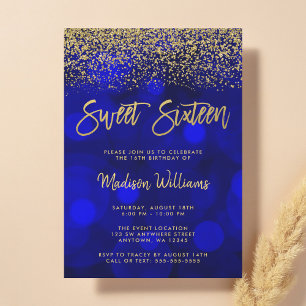 Moderne Blauwe Bokeh Gouden Glitter Sweet 16 Kaart