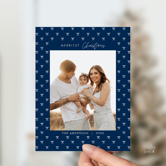 Moderne Blauwe Boog Patroon Familie Foto Kerstmis Briefkaart