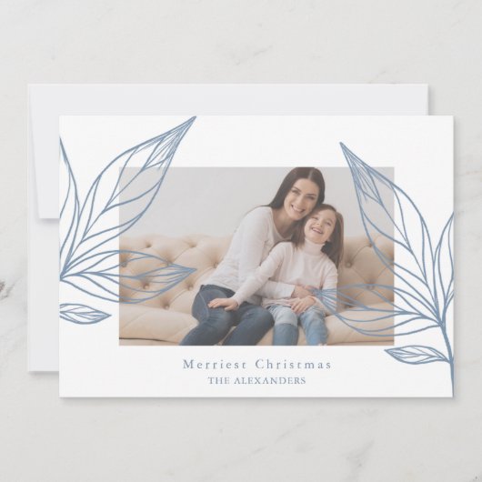 Moderne blauwe botanische fotokerst kaart (Voorkant)