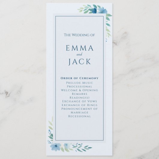 Moderne Blauwe Botanische minimale bloemenbruiloft Programmakaart (Voorkant)