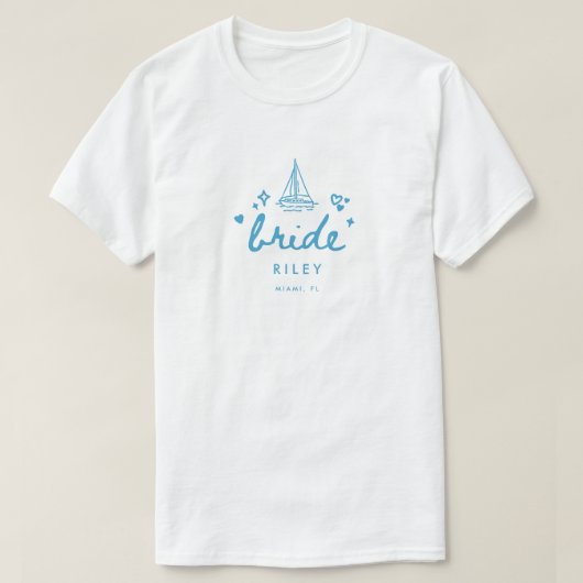 Moderne Blauwe Bruidsnaam Script Meer Bachelorette T-shirt (Design voorkant)