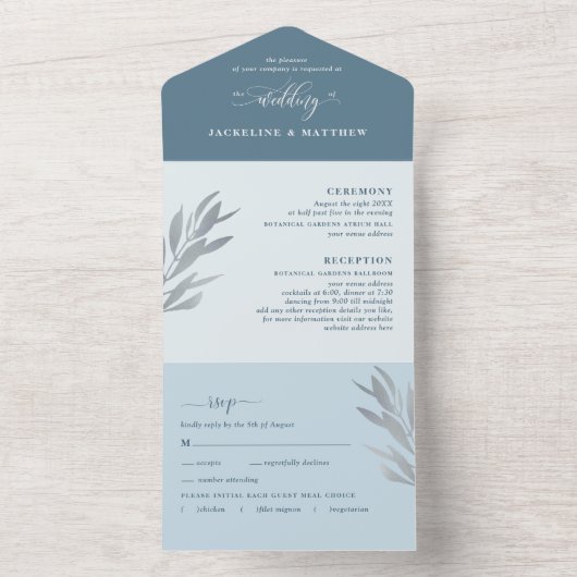 Moderne blauwe bruiloft met geperforeerde RSVP All In One Uitnodiging (Binnen)