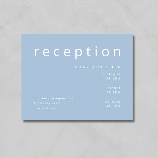 Moderne blauwe bruiloft receptie informatiekaartje