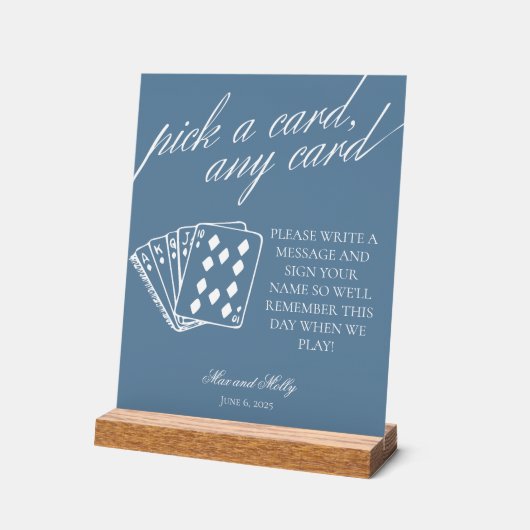 Moderne blauwe bruiloft speelkaarten voetstuk teke acryl bord (Hoek)