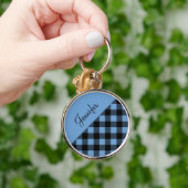 Moderne Blauwe Buffalo Plaid Check Patroon Naam Sleutelhanger (Hand)