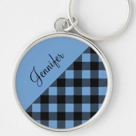 Moderne Blauwe Buffalo Plaid Check Patroon Naam Sleutelhanger
