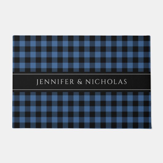 Moderne Blauwe Buffalo Plaid Naam Deurmat (Voorkant)