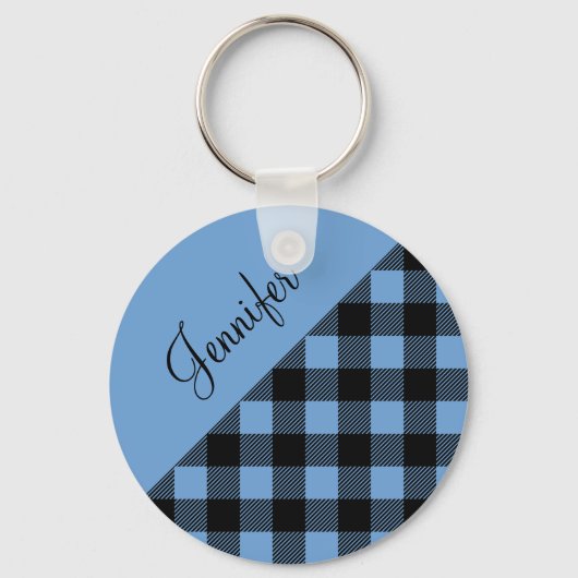 Moderne blauwe Buffalo Plaid naam Sleutelhanger (Voorkant)