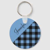 Moderne Blauwe Buffel Plaid Naam Sleutelhanger (Voorkant)