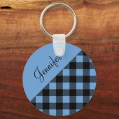 Moderne Blauwe Buffel Plaid Naam Sleutelhanger (Achterkant)