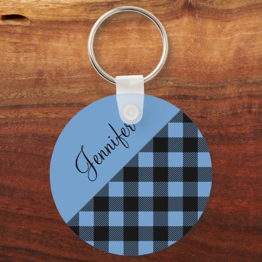 Moderne Blauwe Buffel Plaid Naam Sleutelhanger (Voorkant)