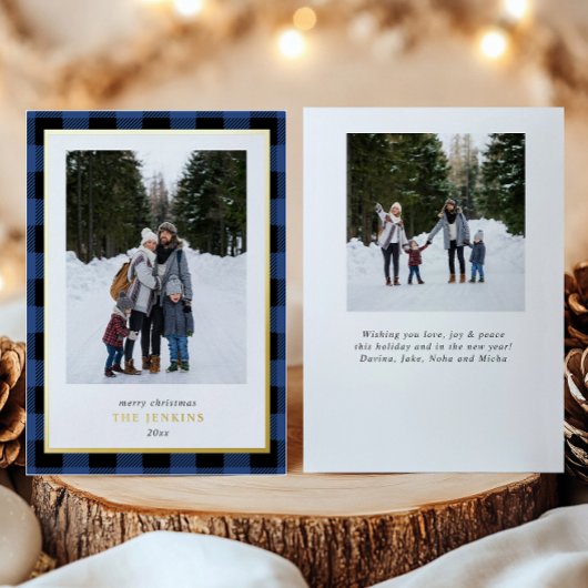 Moderne BLAUWE Buffel speelde twee kerstfoto's Folie Feestdagenkaart