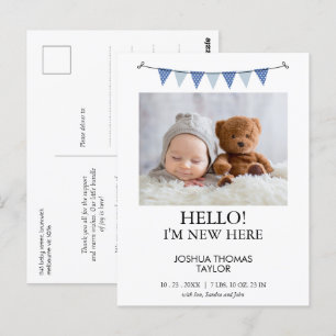 Moderne Blauwe Bunting Vlag Geboorte aankondiging Briefkaart