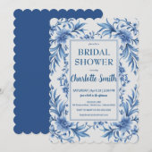 Moderne blauwe chinoiserie bloemrijke bruidsdouche save the date (Voorkant / Achterkant)