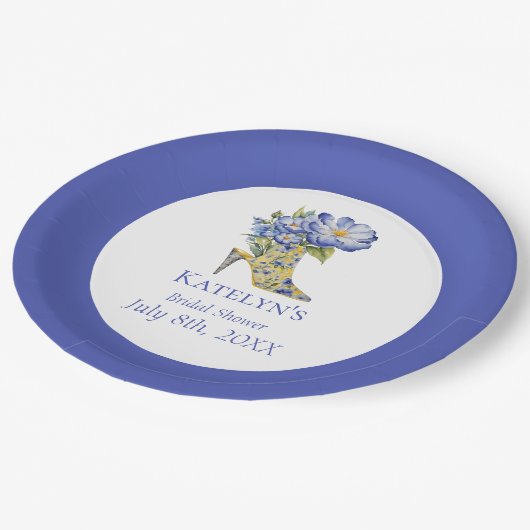 Moderne Blauwe Chinoiserie High-Heel Schoen Papieren Bordje (Gekanteld)