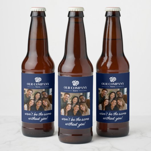 Moderne Blauwe Collega Foto Afscheids Pensioen Bier Etiket (Flessen)