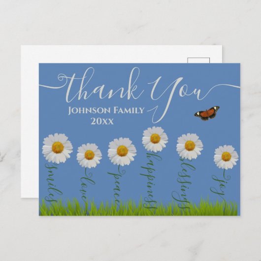 Moderne Blauwe Daisy Bloem Typografie  Briefkaart (Voorkant / Achterkant)