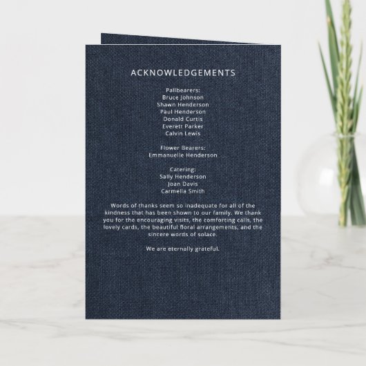 Moderne blauwe denim 'In liefdevolle herinnering'  Programma (Achterkant)