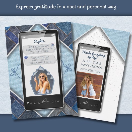 Moderne Blauwe Denim Smartphone Bedankkaart