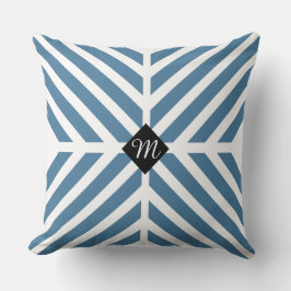 Moderne blauwe diagonale strepen Monogram Initiaal Kussen