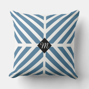 Moderne blauwe diagonale strepen Monogram Initiaal Kussen