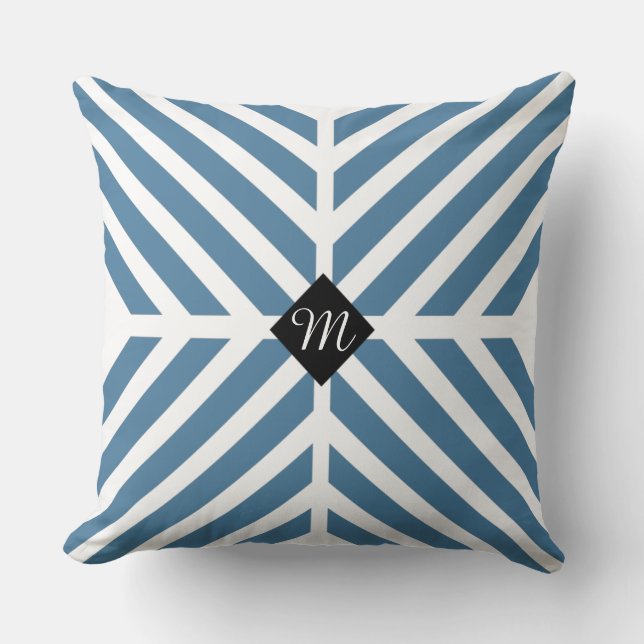 Moderne blauwe diagonale strepen Monogram Initiaal Kussen (Voorkant)