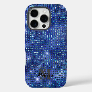 Moderne Blauwe Diamant Bezaaid Patroon Monogram iPhone 16 Pro Hoesje