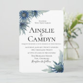 Moderne blauwe distel bruiloft uitnodiging (Staand voorkant)