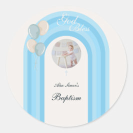 Moderne blauwe doop met aangepaste foto ronde sticker