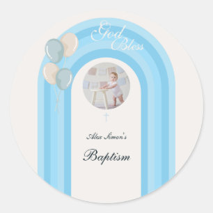 Moderne blauwe doop met aangepaste foto ronde sticker