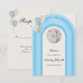 Moderne blauwe doop met aangepaste foto RSVP (Voorkant / Achterkant)