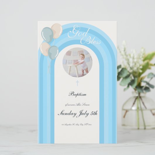 Moderne Blauwe Doop Uitnodiging met Aangepast Menu (Staand voorkant)