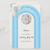 Moderne Blauwe Doop Uitnodiging met Aangepast Menu (Voorkant / Achterkant)