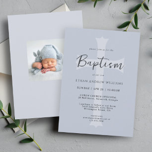 Moderne Blauwe Doop Uitnodiging voor Baby met Foto