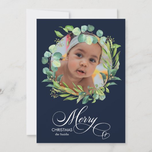 Moderne blauwe elegant Script Eucalyptus Foliage Feestdagenkaart (Voorkant)