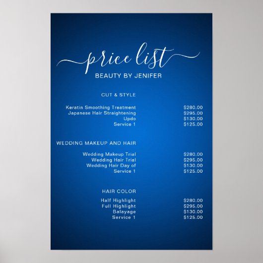 Moderne blauwe elegante prijslijst schoonsalon poster (Voorkant)