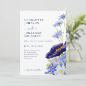 Moderne Blauwe Elegante Wildflower Bruiloft Kaart (Staand voorkant)