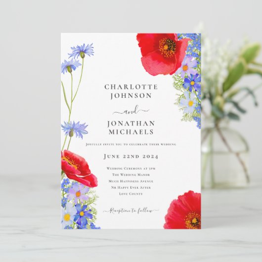 Moderne Blauwe Elegante Wildflower Bruiloft Kaart (Staand voorkant)