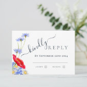 Moderne Blauwe Elegante Zomer Bloemen Bruiloft RSVP Kaartje (Staand voorkant)