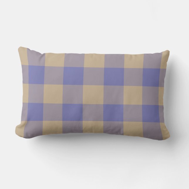 Moderne blauwe en beige gingham buitenkussen (Voorkant)