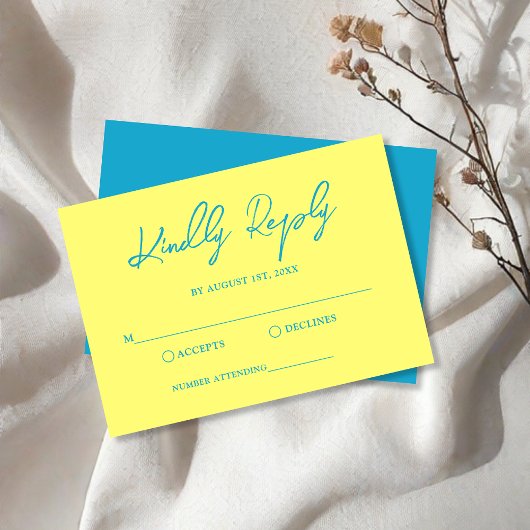 Moderne blauwe en boter gele bruiloft RSVP kaartje