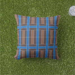 Moderne Blauwe en Bruine Geometrische Plaid Patroo Buitenkussen