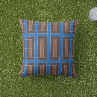 Moderne Blauwe en Bruine Geometrische Plaid Patroo Buitenkussen