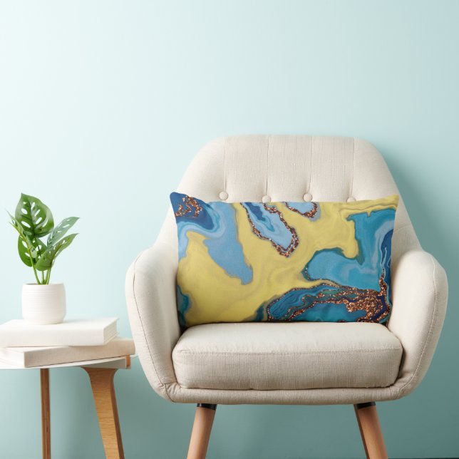 Moderne, blauwe en gele goudglitter abstracte lumb kussen (Stoel)