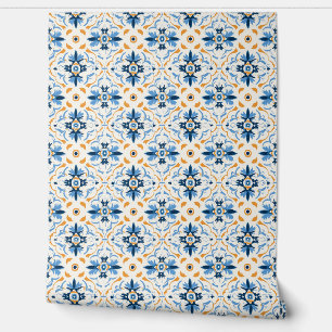 Moderne Blauwe en gele Waterverf Abstract Behang