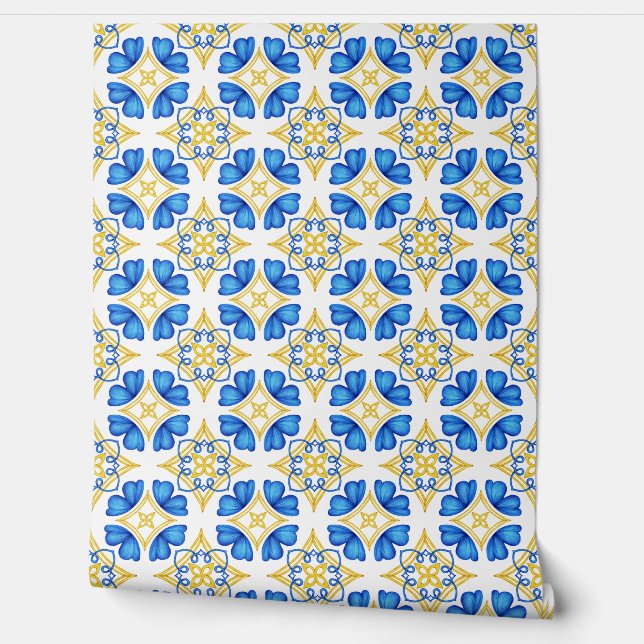 Moderne Blauwe en gele Waterverf Abstract Behang (Afrollen)